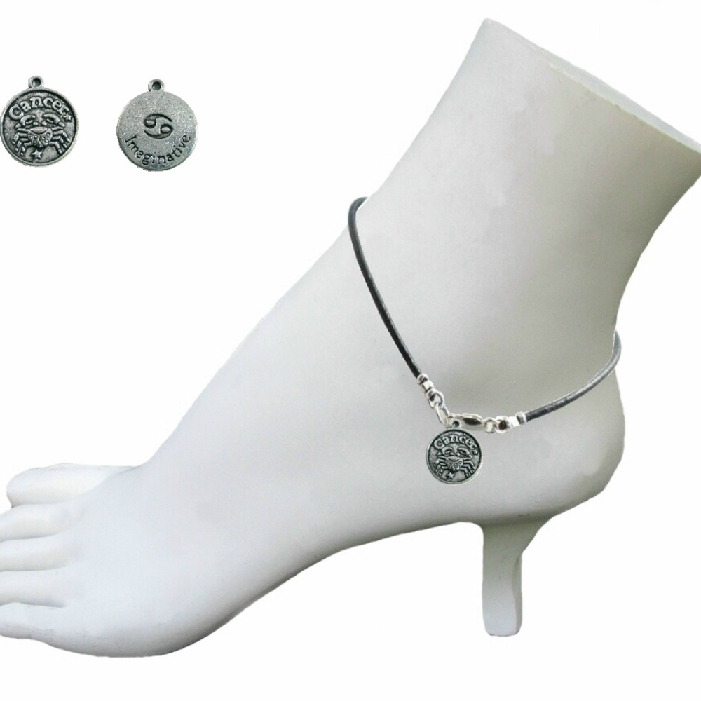Black Leather Anklet ~ Cancer Zodiac Charm